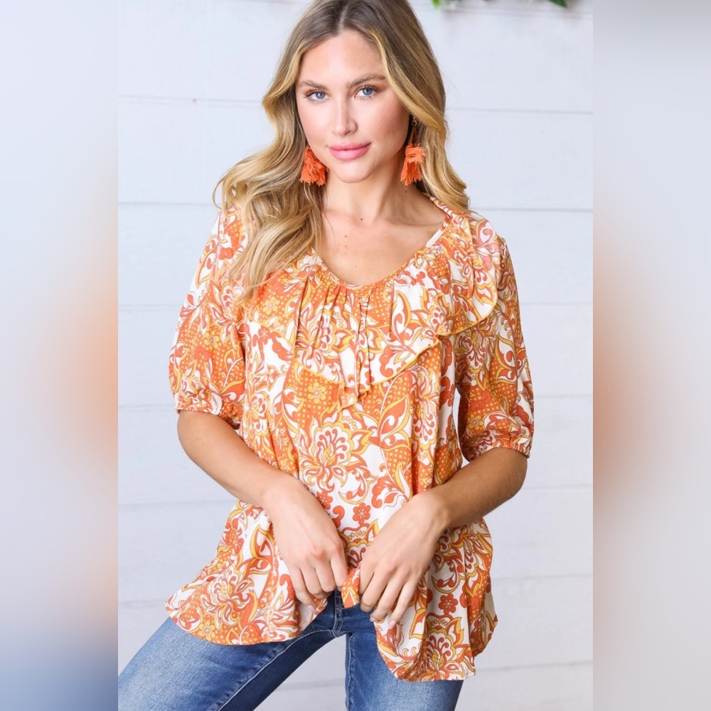 💥NEW Sugarfox Orange Paisley Ruffle Top ~ Medium & Large Available